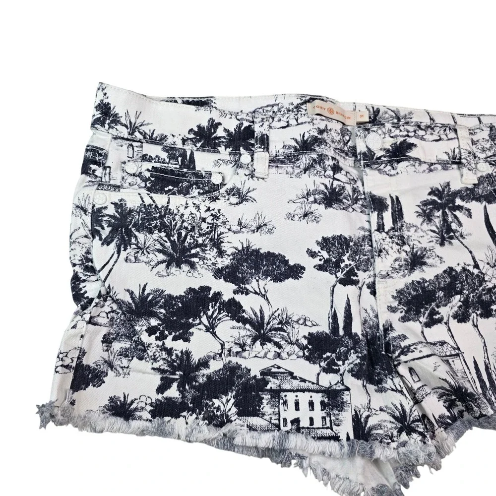 Tory‎ Burch Toile De Jouy Scenic Print Denim Shorts Navy Size 31 21151219 S1